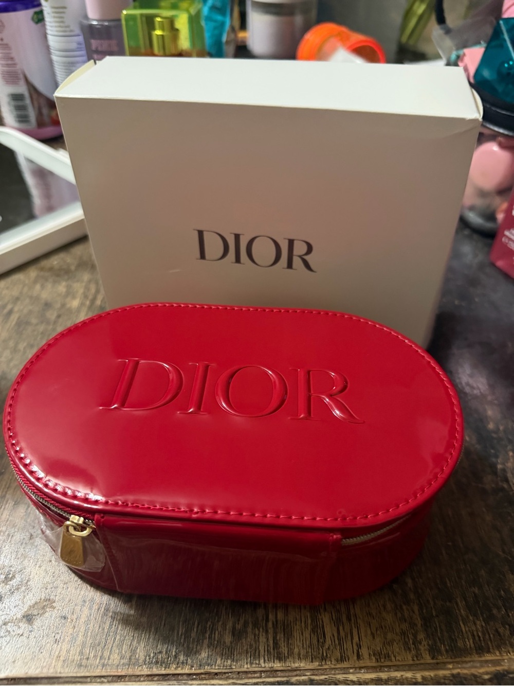 Dior Red Patent Embossed Logo Cosmetic Case